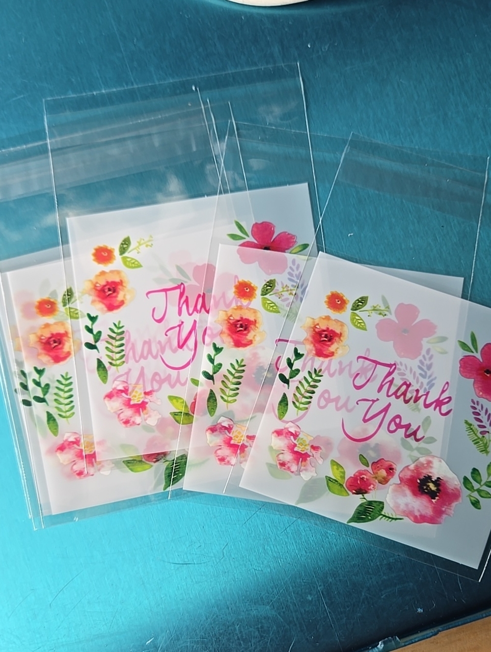 Floral Thank You Mini Plastic Bag Greeting Clear And Colorful Pink